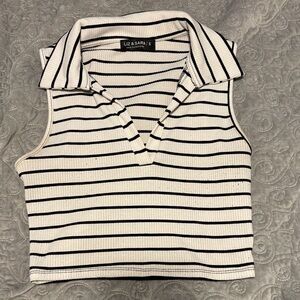 Liz & Sara Striped Collared Crop Top - Black and White